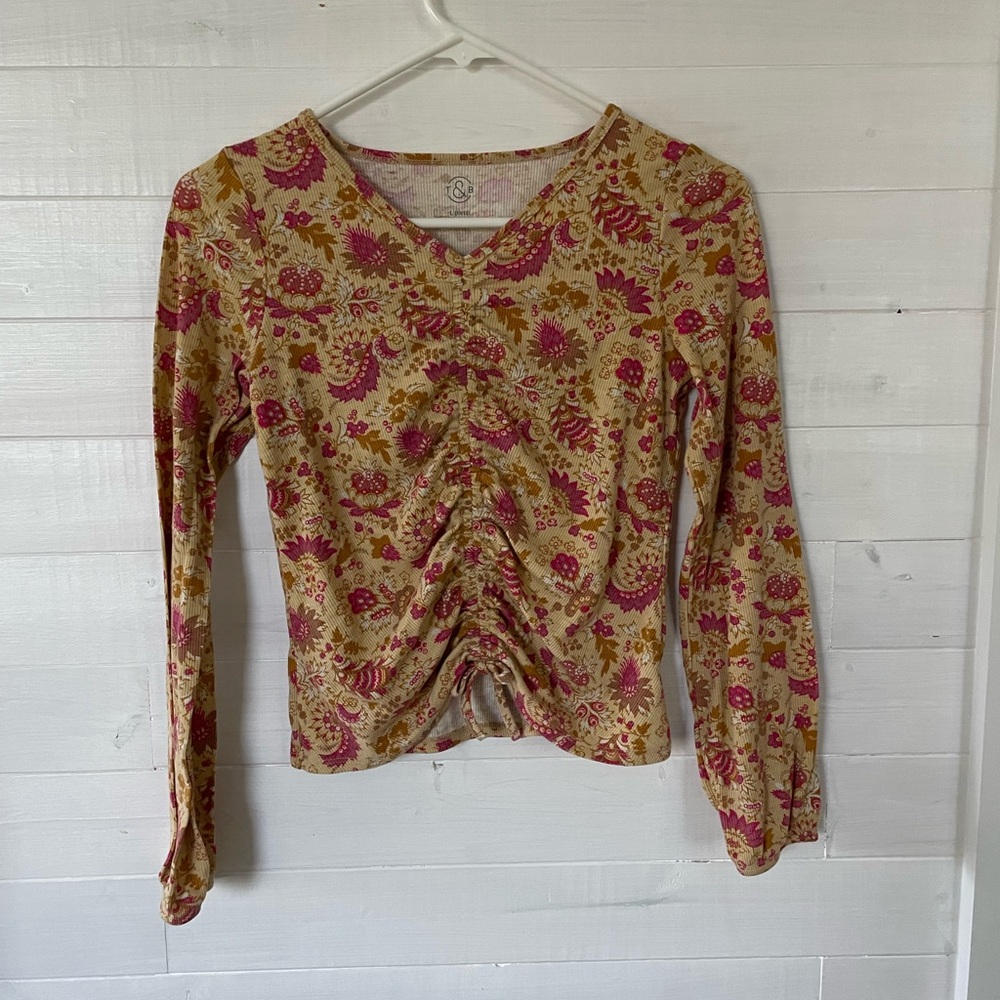 Treasure & Bond Floral Long Sleeve Top - Pink and Gold